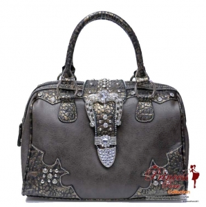 Western Designer Inspired Hand Bag w/ Rhinestone and Stud Decor and a Flip-Over Buckle Closure